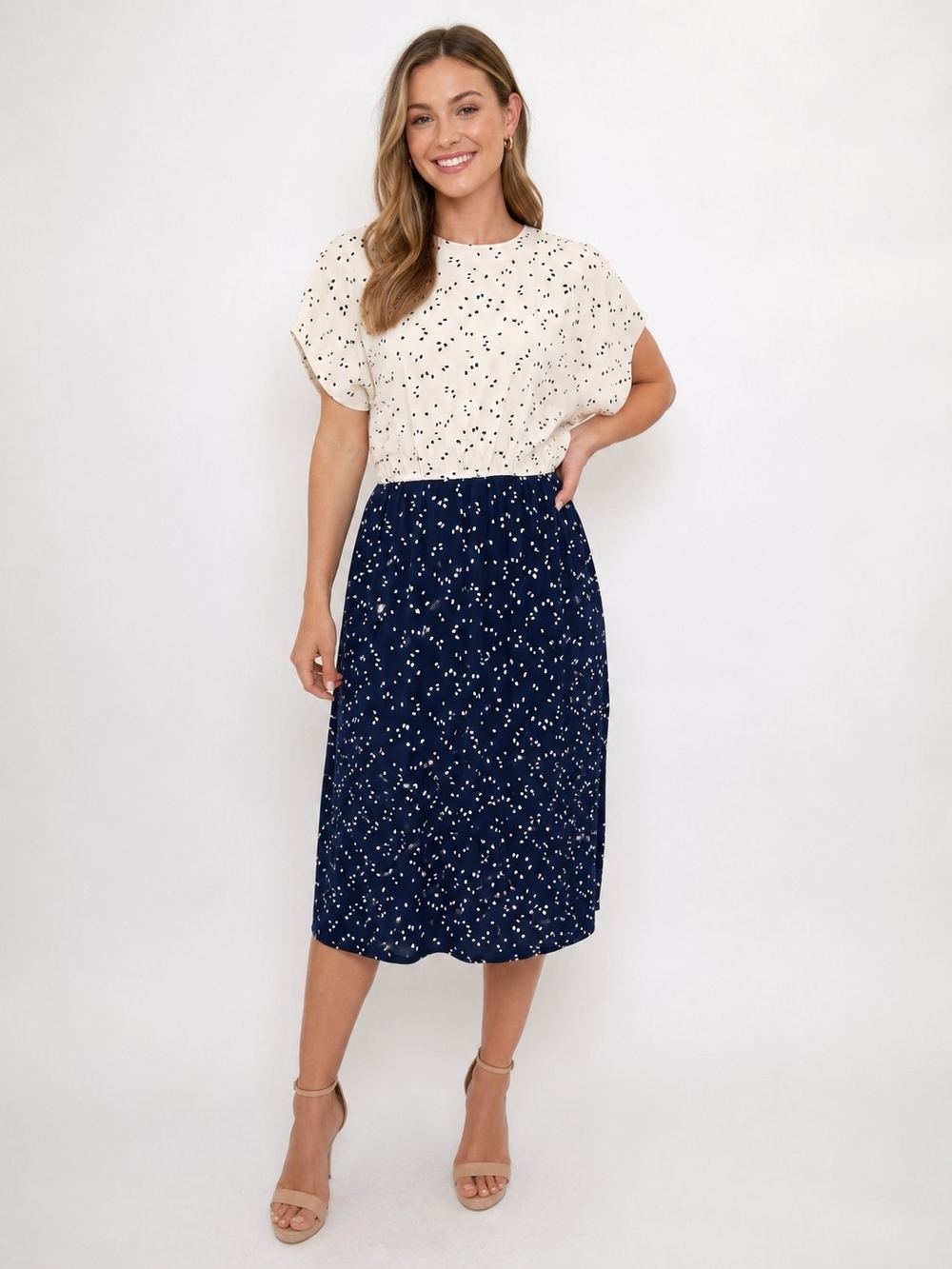 Liz Claiborne 100% Silk Navy & Cream Polka Dot Midi Dress Women's Size 6